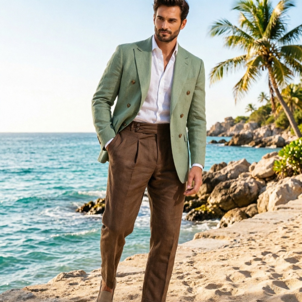 Men'S Holiday Formal Wear - Двухсоставный бежевый льняной мужской костюм с